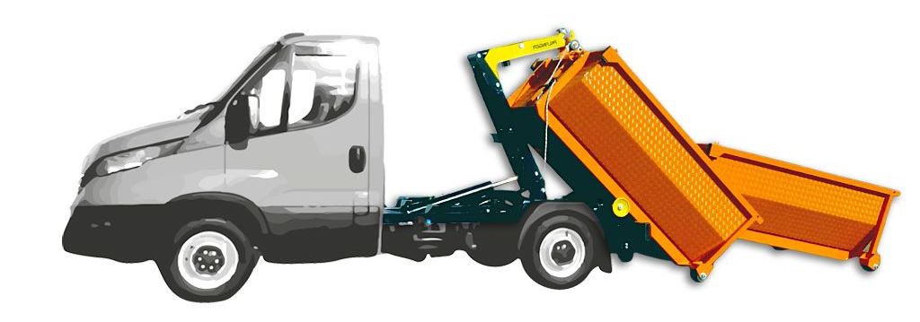 Ein Transporter Abrollaufbau mit STACS Container von Kunath Fahrzeugbau.