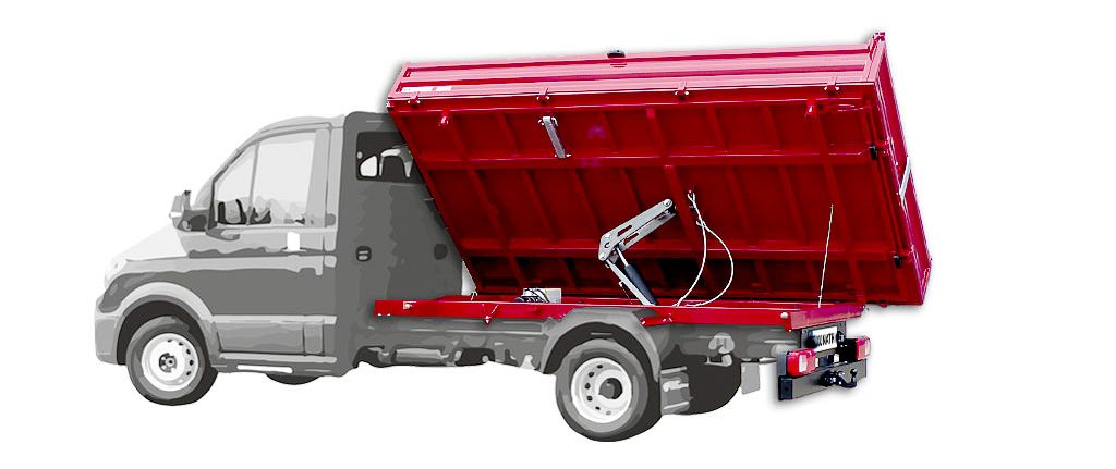 Ein Transporter Umbau und Aufbau eines roten Stahlkippers von Kunath Fahrzeugbau.